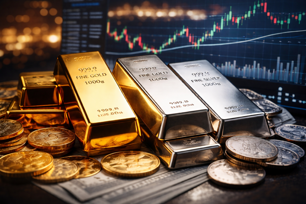 gold and silver bars on a price chart backdrop