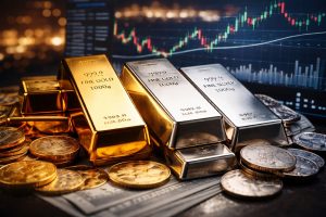 Gold and silver bullion bars and coins displayed in front of a financial market chart representing physical and paper precious metals pricing.