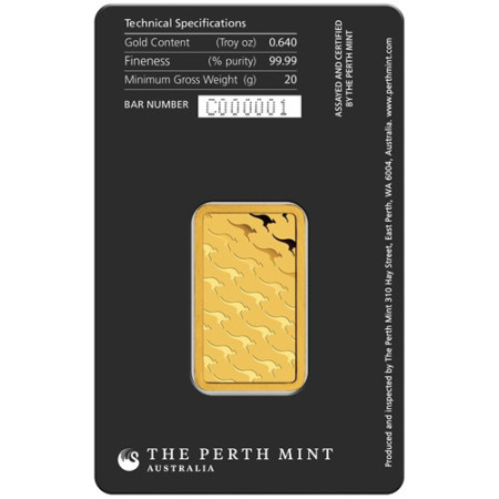 20 Gram Perth Mint Kangaroo Gold Minted Bar Image of 20 Gram Perth Mint Kangaroo Gold Minted Bar