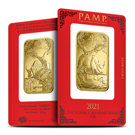 100 Gram PAMP Suisse Lunar Ox Gold Bar 2021 Image of 100 Gram PAMP Suisse Lunar Ox Gold Bar 2021