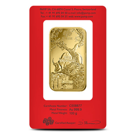 100 Gram PAMP Suisse Lunar Ox Gold Bar 2021 Image of 100 Gram PAMP Suisse Lunar Ox Gold Bar 2021