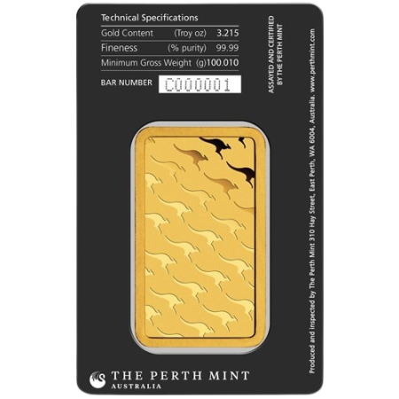 Image of 100 gram Perth Mint Kangaroo Gold Minted Bar 99.99%