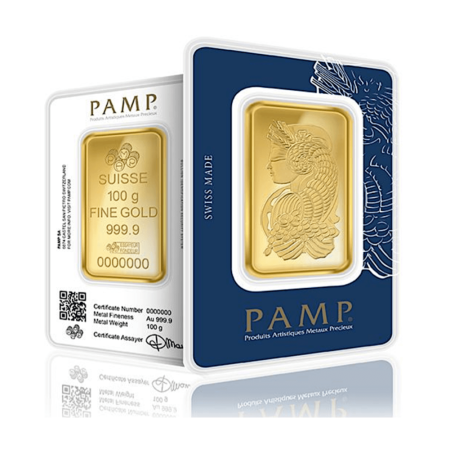 PAMP Suisse Lady Fortuna 100 gram Gold Minted Bar Image of PAMP Suisse Lady Fortuna 100 gram Gold Minted Bar