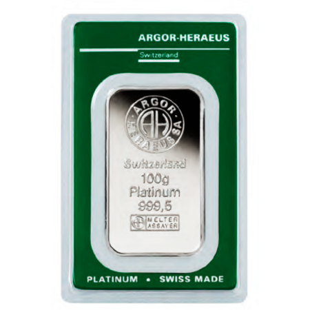 Platinum 100 gram Argor-Heraeus Minted bar - IPM Bullion Image of Platinum 100 gram Argor-Heraeus Minted bar - IPM Bullion