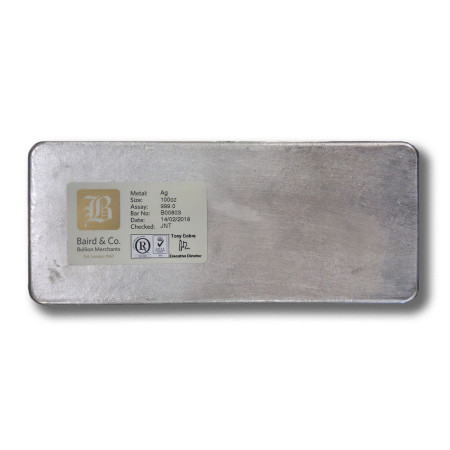 LBMA 100 oz JBR / Baird Silver Cast Bar, 999% Ag Image of LBMA 100 oz JBR / Baird Silver Cast Bar, 999% Ag