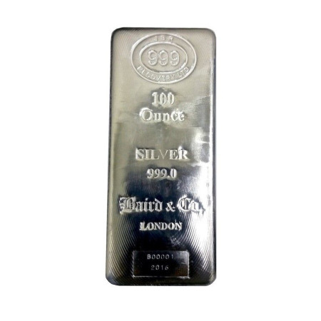 LBMA 100 oz JBR / Baird Silver Cast Bar, 999% Ag Image of LBMA 100 oz JBR / Baird Silver Cast Bar, 999% Ag