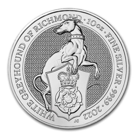 Image of 10 oz Queen's Beast White Greyhound of Richmond .9999% Fine Silver Coin BU 2022