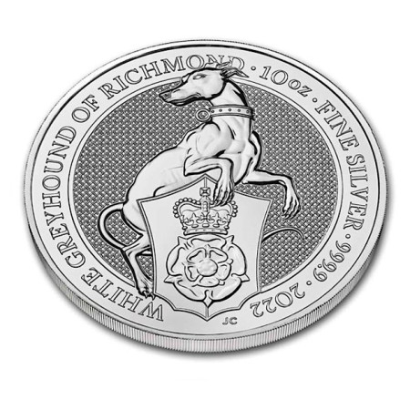 10 oz Queen's Beast White Greyhound of Richmond .9999% Fine Silver Coin BU 2022 Image of 10 oz Queen's Beast White Greyhound of Richmond .9999% Fine Silver Coin BU 2022