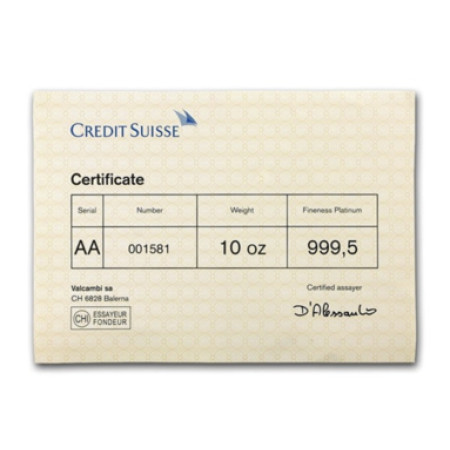"Collectors Pieces" 10 oz Platinum Bar - Credit Suisse 999.5 Purity, w/Assay Image of "Collectors Pieces" 10 oz Platinum Bar - Credit Suisse 999.5 Purity, w/Assay