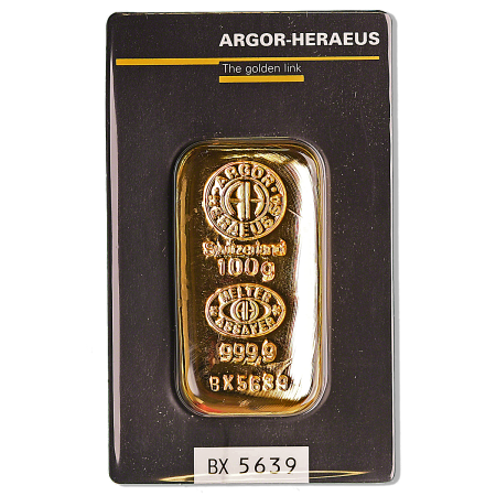 100 gram Argor-Heraeus Gold Cast Bar Image of 100 gram Argor-Heraeus Gold Cast Bar