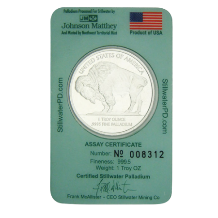 1 oz Johnson Matthey Stillwater .9995 Fine Palladium Round in Vintage Assay Image of 1 oz Johnson Matthey Stillwater .9995 Fine Palladium Round in Vintage Assay