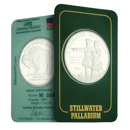 Image of 1 oz Johnson Matthey Stillwater .9995 Fine Palladium Round in Vintage Assay