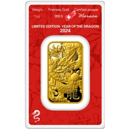 1 Oz Argor-Heraeus Gold '2024 YEAR OF DRAGON' Minted Bar (New w/Assay)