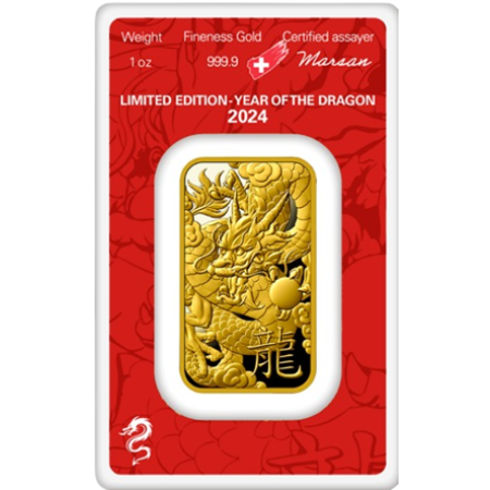 1 Oz Argor-Heraeus Gold '2024 YEAR OF DRAGON' Minted Bar (New w/Assay)