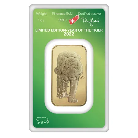 1 Toz Argor-Heraeus Gold Lunar Tiger Minted Bar