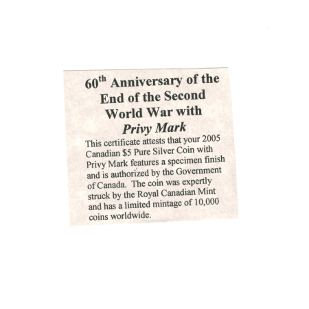 Image of 1 Oz Canadian Maple Leaf 60th Anniversary of the End of the Second World War Silver Coin 2005