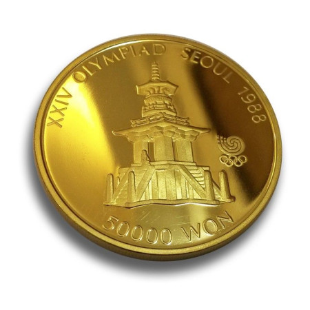 Image of 1988 Gold 1oz Gold South Korea 50,000 Won coin. Pul Guk Temple.