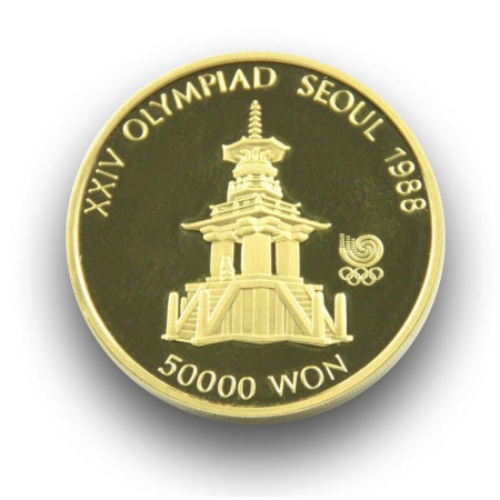 1988 Gold 1oz Gold South Korea 50,000 Won coin. Pul Guk Temple. Image of 1988 Gold 1oz Gold South Korea 50,000 Won coin. Pul Guk Temple.