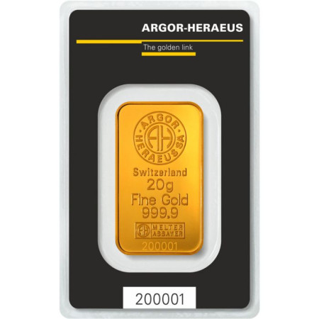 Image of 20 Gram Gold Argor-Heraeus Minted Bar 