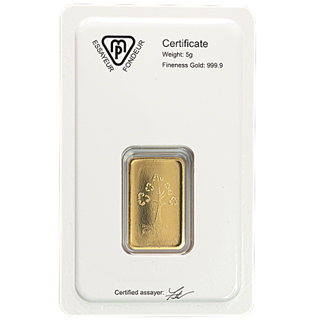 5 gram Metalor Gold Minted bar Image of 5 gram Metalor Gold Minted bar