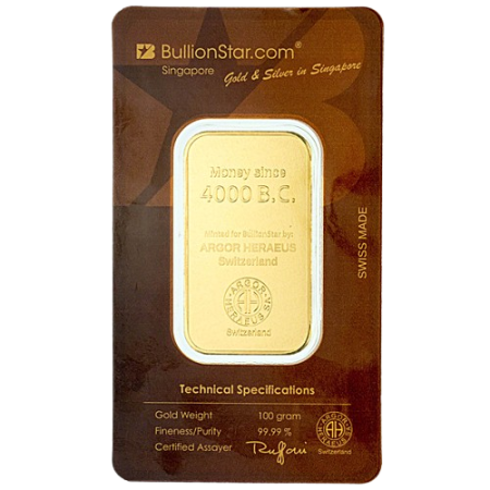 100 Gram Minted bar (BullionStar) Argor-Heraeus Image of 100 Gram Minted bar (BullionStar) Argor-Heraeus