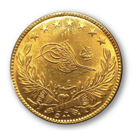 Turkey Gold coin 500 Kurush Muhammad V, Year 1910, AH 1327//2 Image of Turkey Gold coin 500 Kurush Muhammad V, Year 1910, AH 1327//2