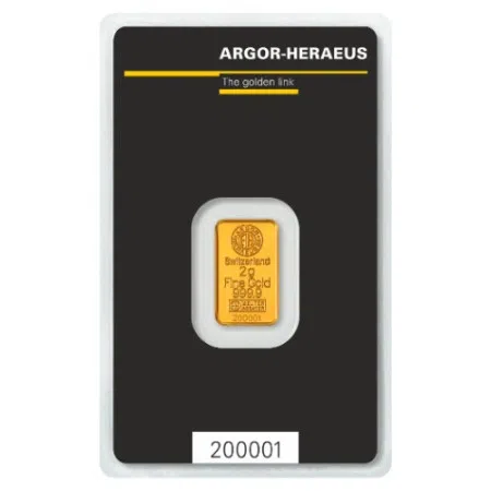 Gold 2 gram Argor-Heraeus Minted Bar 