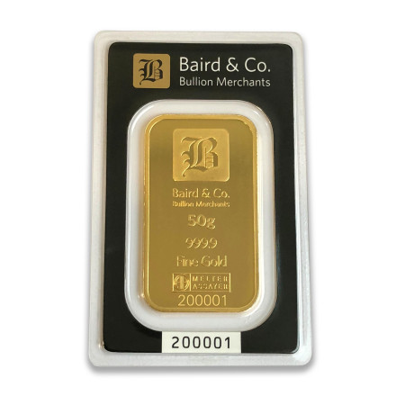 Image of Gold 50 gram Argor-Heraeus Baird & Co Minted bar