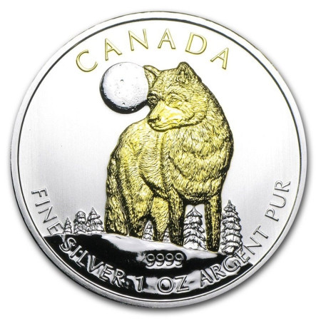 Image of 2011 1oz Canadian Wildlife Series Silver Timber Wolf 24k Gold Gilded Coin