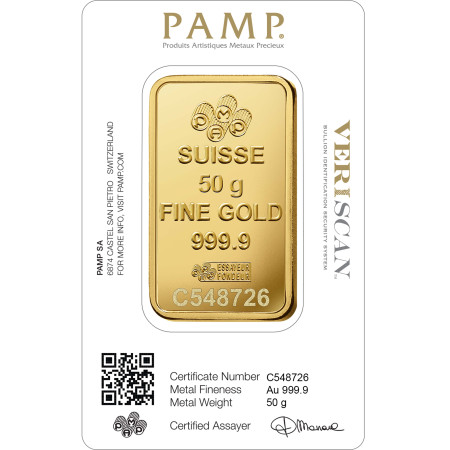 50 gram PAMP Suisse Lady Fortuna Gold Minted Bar Image of 50 gram PAMP Suisse Lady Fortuna Gold Minted Bar