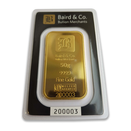 Gold 50 gram Argor-Heraeus Baird & Co Minted bar Image of Gold 50 gram Argor-Heraeus Baird & Co Minted bar