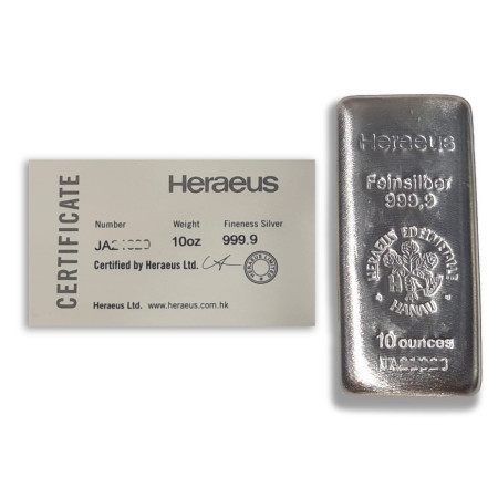 10 oz Heraeus Silver Cast Bar .9999 Purity (w/COA) Image of 10 oz Heraeus Silver Cast Bar .9999 Purity (w/COA)