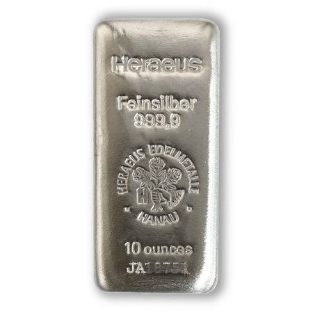 10 oz Heraeus Silver Cast Bar .9999 Purity (w/COA) 