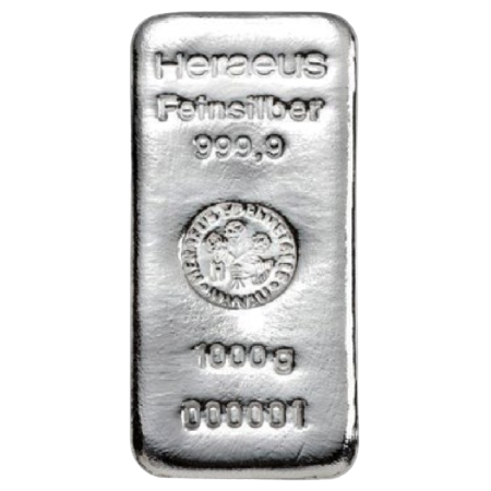 1 Kilo Heraeus Cast Silver Bar 999.9% (Germany production) Image of 1 Kilo Heraeus Cast Silver Bar 999.9% (Germany production)