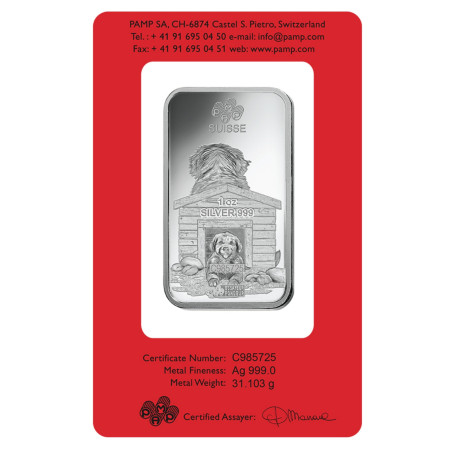 1 oz Silver PAMP Suisse Lunar Dog Bar ( With Assay Card) Image of 1 oz Silver PAMP Suisse Lunar Dog Bar ( With Assay Card)
