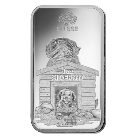 1 oz Silver PAMP Suisse Lunar Dog Bar ( With Assay Card) Image of 1 oz Silver PAMP Suisse Lunar Dog Bar ( With Assay Card)