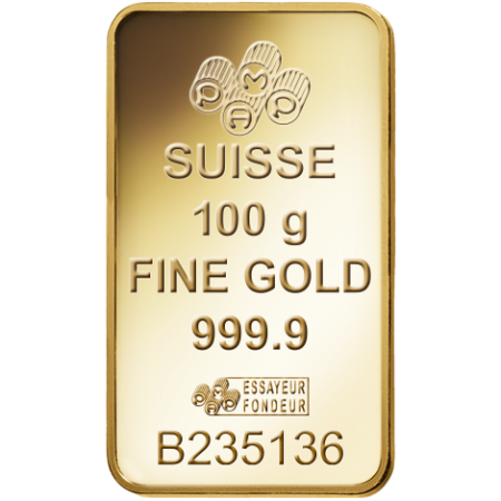 100 gram PAMP Suisse Liberty Gold Minted Bar Image of 100 gram PAMP Suisse Liberty Gold Minted Bar