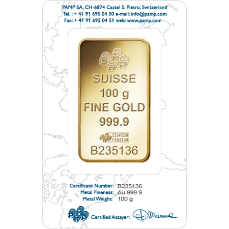 100 gram PAMP Suisse Liberty Gold Minted Bar Image of 100 gram PAMP Suisse Liberty Gold Minted Bar