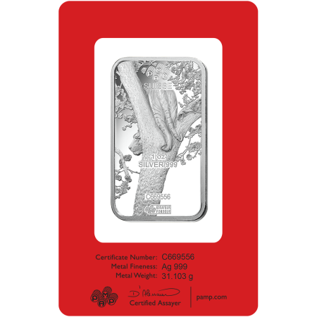 1 Oz PAMP Suisse Lunar Tiger .999% Fine Silver Bar (With Assay Card) Image of 1 Oz PAMP Suisse Lunar Tiger .999% Fine Silver Bar (With Assay Card)
