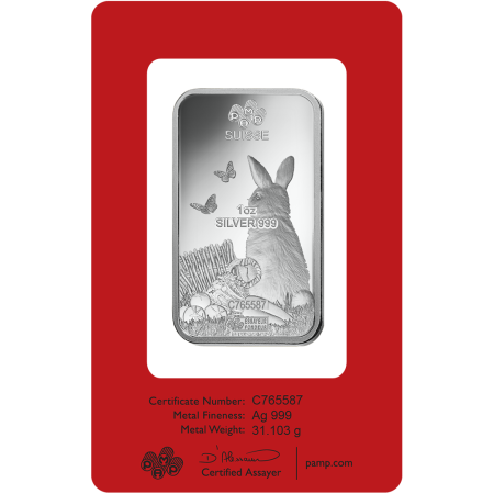 1 Oz PAMP Suisse Lunar Rabbit Silver Bar 2023 (New w/Assay) Image of 1 Oz PAMP Suisse Lunar Rabbit Silver Bar 2023 (New w/Assay)