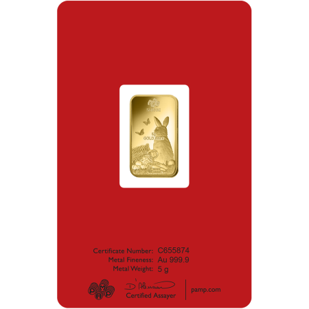 5 gram PAMP Suisse Lunar Rabbit Gold Bar Year 2023 Image of 5 gram PAMP Suisse Lunar Rabbit Gold Bar Year 2023