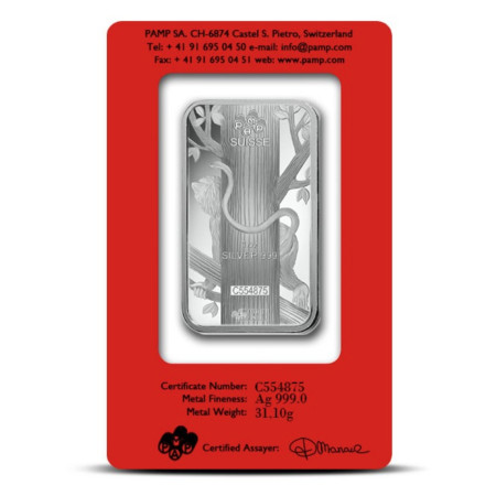 1 oz Silver PAMP Suisse Lunar Monkey Bar ( With Assay) Image of 1 oz Silver PAMP Suisse Lunar Monkey Bar ( With Assay)