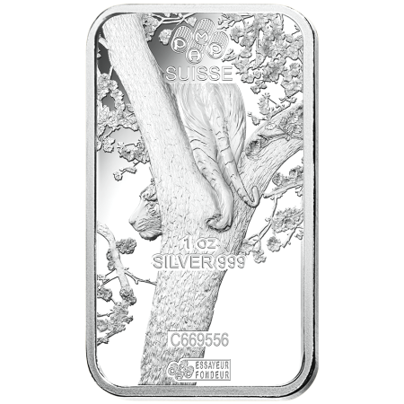 1 Oz PAMP Suisse Lunar Tiger .999% Fine Silver Bar (With Assay Card) Image of 1 Oz PAMP Suisse Lunar Tiger .999% Fine Silver Bar (With Assay Card)
