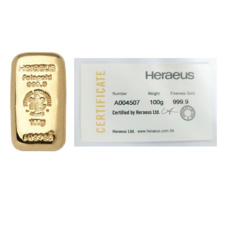 Heraeus Gold 100 gram Cast Bar Image of Heraeus Gold 100 gram Cast Bar