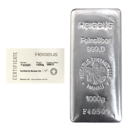 Image of 1 kilo Heraeus HK Silver Cast Bar 999.0 Purity (w/COA) 