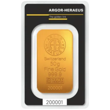 Gold 50 gram Argor-Heraeus Minted Bar