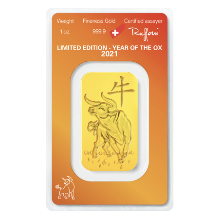 Image of 1 Oz Argor-Heraeus Gold Lunar Ox Minted Bar (New w/Assay) 
