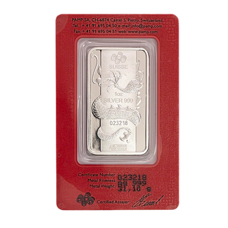 1 Oz Pamp Suisse Lunar Dragon Silver Minted Bar (2012) Image of 1 Oz Pamp Suisse Lunar Dragon Silver Minted Bar (2012)