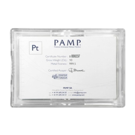 10 Oz Pamp Suisse Lady Fortuna Minted Platinum Bar 999.5 Purity, w/Assay Image of 10 Oz Pamp Suisse Lady Fortuna Minted Platinum Bar 999.5 Purity, w/Assay