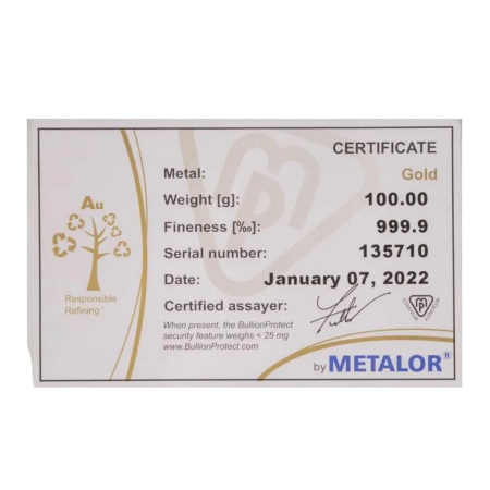 100 Gram Metalor Gold Cast Bar | PRE-ORDER Image of 100 Gram Metalor Gold Cast Bar | PRE-ORDER